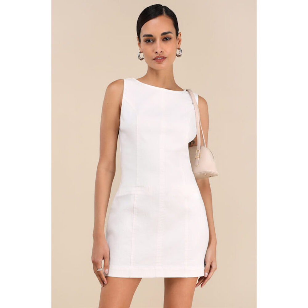Lulus Cataleya White Denim Boat Neck Mini Dress - Size M